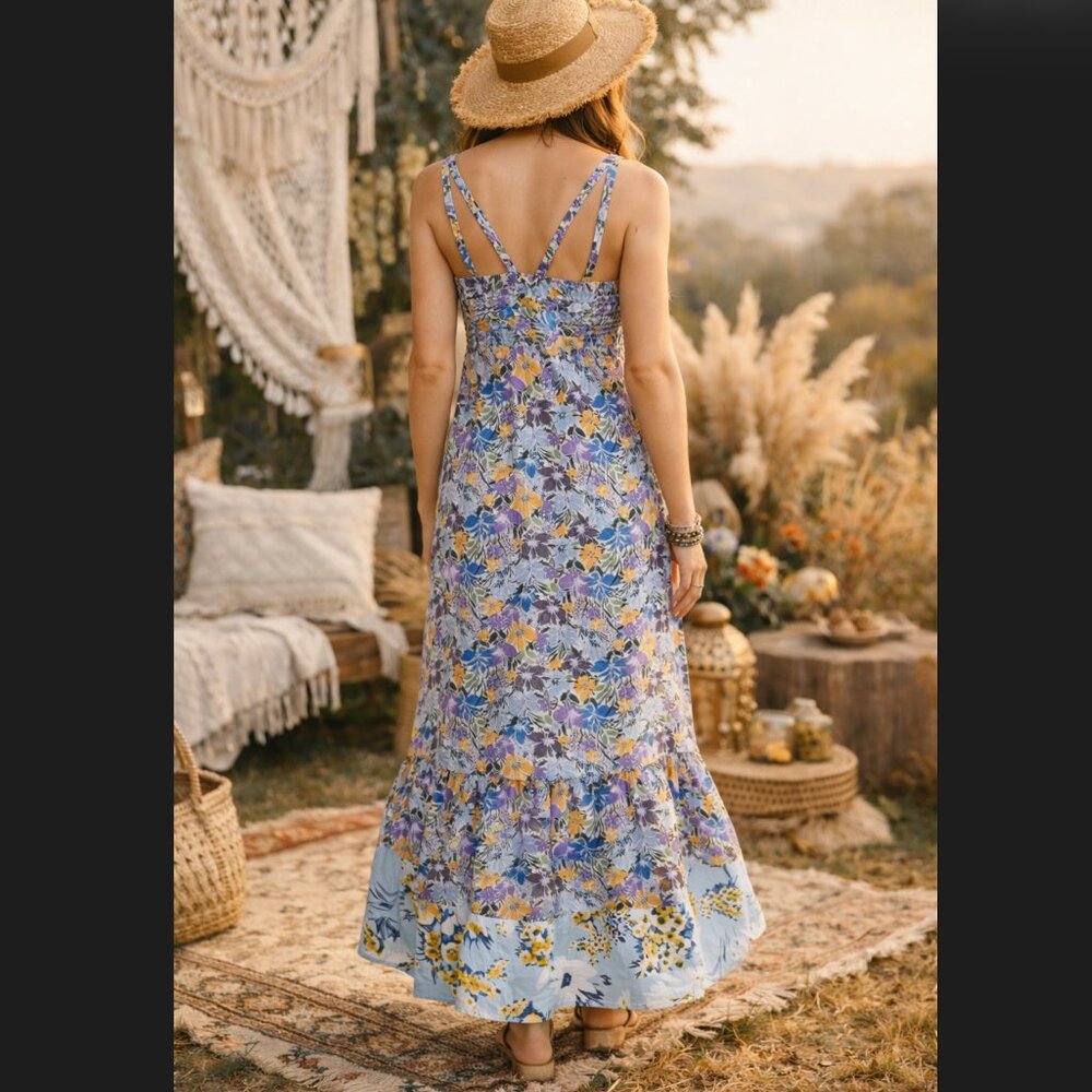 STITCH DROP Maxi Dress XL Ditsy Floral Sleeveless Smocked Pockets Side Zip Boho - Picture 11 of 15